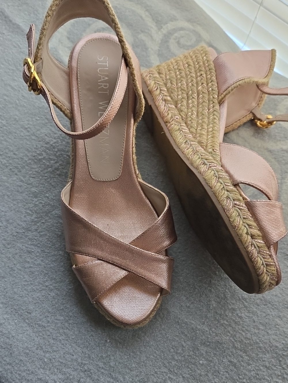Stuart Weitzman Rose Gold Metallic Espadrille Wedge Sandals